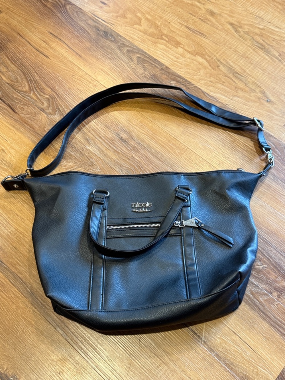 Nicole Miller Black Pebbled Faux-Leather Shoulder Tote